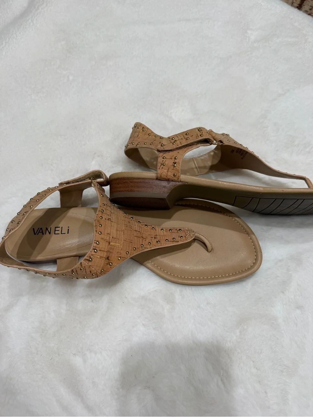 Vaneli Tan Cork T-Strap Studded Sandals Size 10